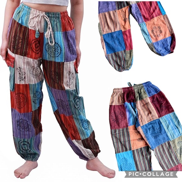 Handmade 100% Organic Cotton Trousers Boho Multicolor Patchwork Pants Size S/M - Picture 1 of 13